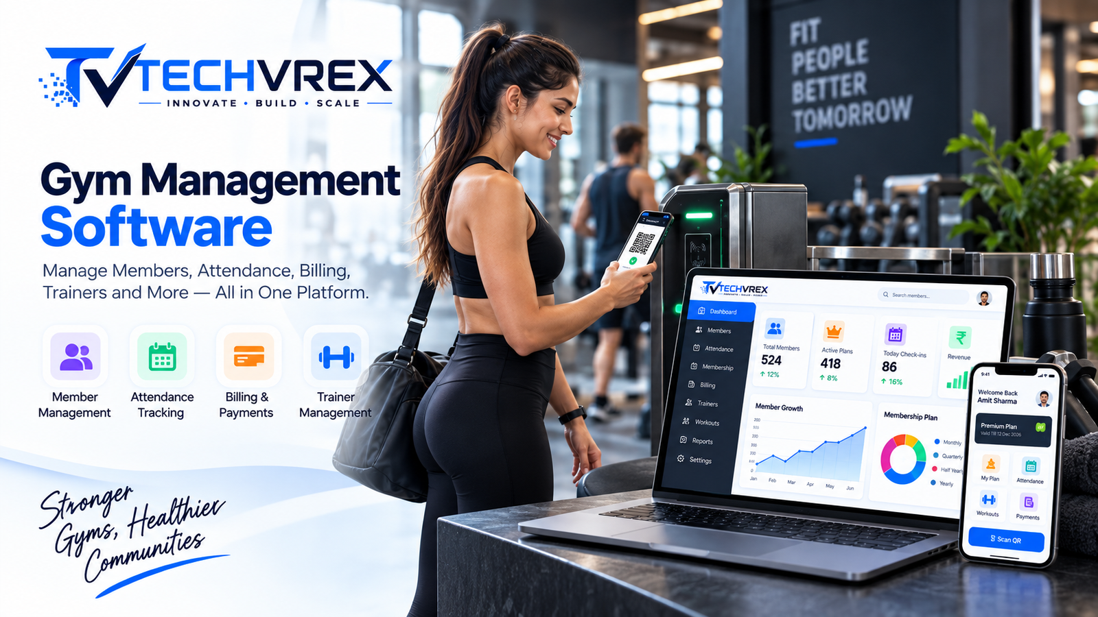 Gym management software development company TECHVREX QR check-in dashboard