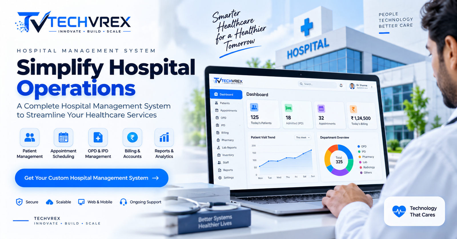 Hospital management system software dashboard developed by TECHVREX